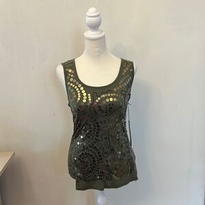 Tribal burnt olive sleeveless top with metallic discs Size S NWT